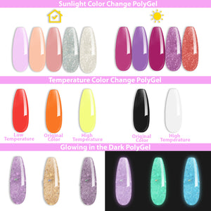 Poly Nail Gel Kit with Light Change, Mood Change, and Glow in the Dark Color Poly Nail Gel