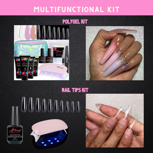 Nail Tips and Glue Gel Lazy Girl Poly nail gel Kit - 3 in 1 Nail Glue and Base Coat, Coffin Nail Tips with UV Lamp - All-in-One Polygel Kit