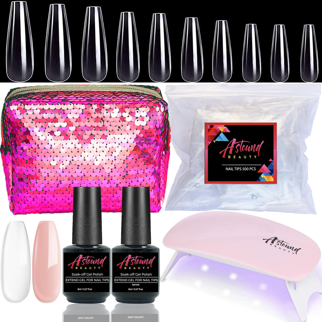 Gel X Nails - 2 in 1 Nail Glue and Base Coat with Clear and Apricot Color, UV LED Lamp with 500Pcs Coffin Nail Tips - All-in-One Gel Nail Polish Kit for Nail Extension